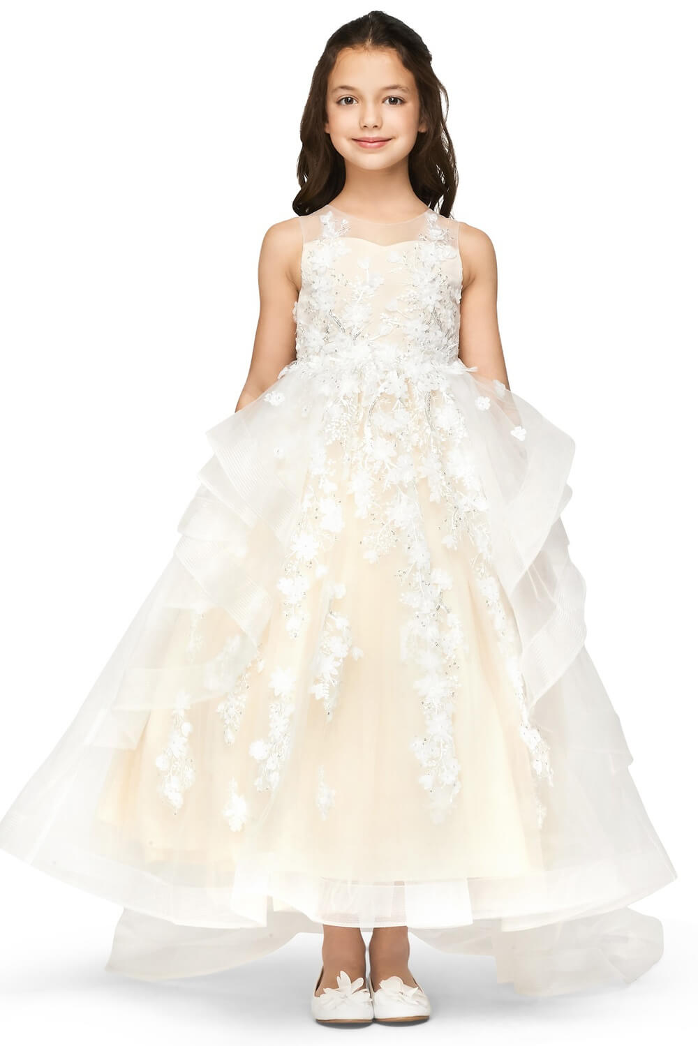 Champagne Illusion Round Neck High Low Tulle Flower Girl Dress with Removable Bow and 3D Lace Appliques Cinderella Couture 5093