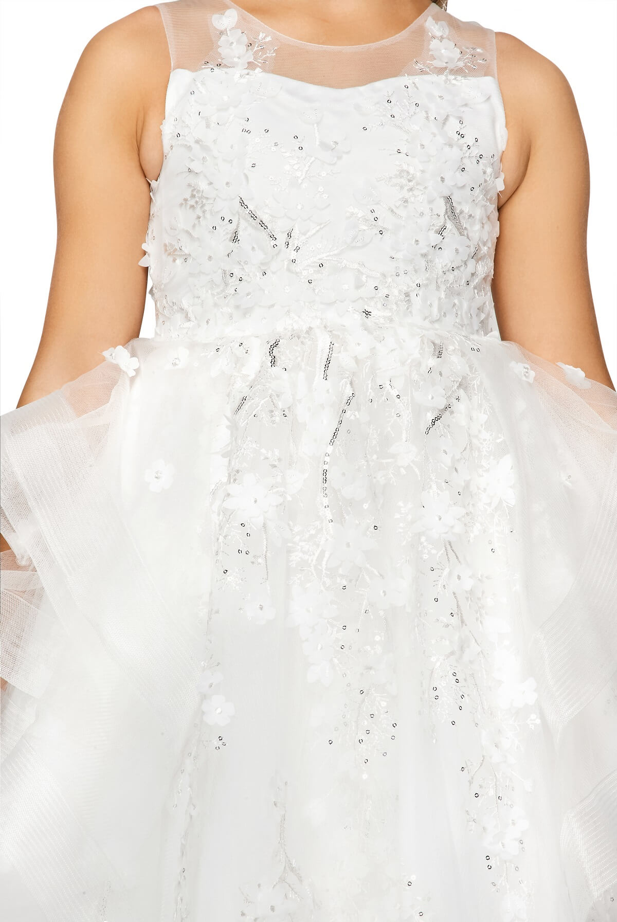Off White Illusion Round Neck High Low Tulle Flower Girl Dress with Removable Bow and 3D Lace Appliques Cinderella Couture 5093