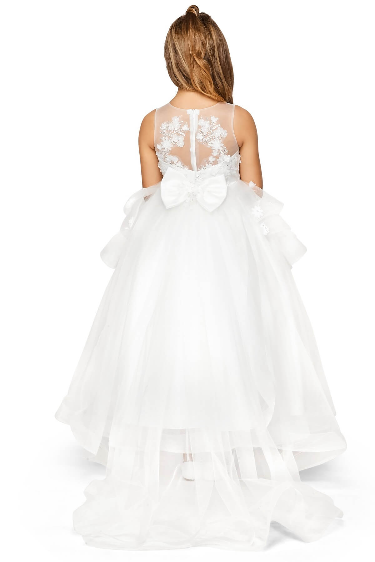 Off White Illusion Round Neck High Low Tulle Flower Girl Dress with Removable Bow and 3D Lace Appliques Cinderella Couture 5093