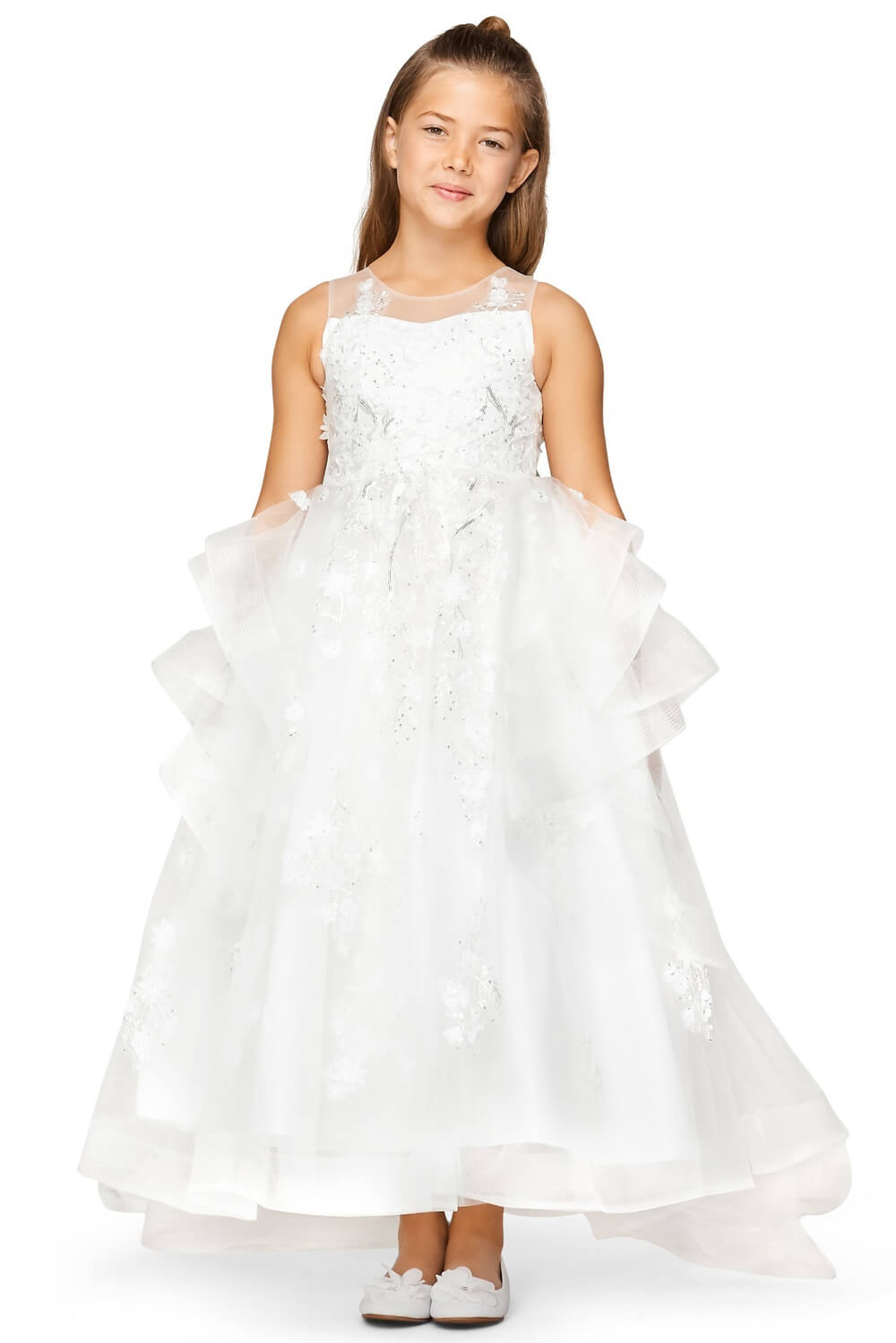 Off White Illusion Round Neck High Low Tulle Flower Girl Dress with Removable Bow and 3D Lace Appliques Cinderella Couture 5093