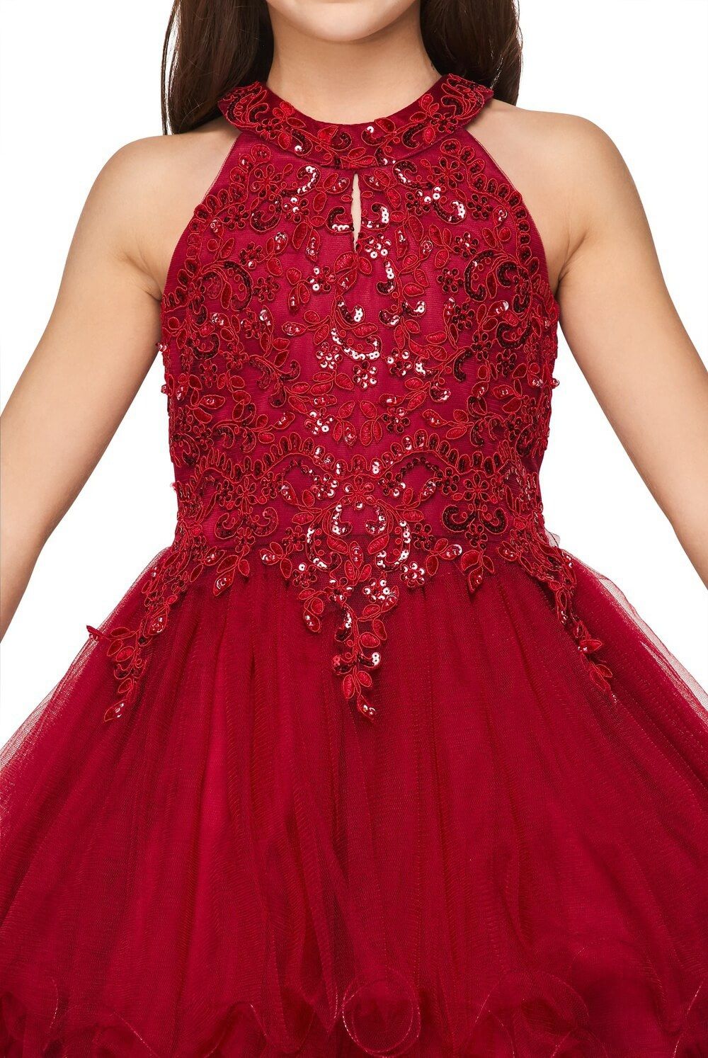 Burgundy Halter Neck Short Tulle Flower Girl Party Dress with Rhinestone Beading Cinderella Couture 5100
