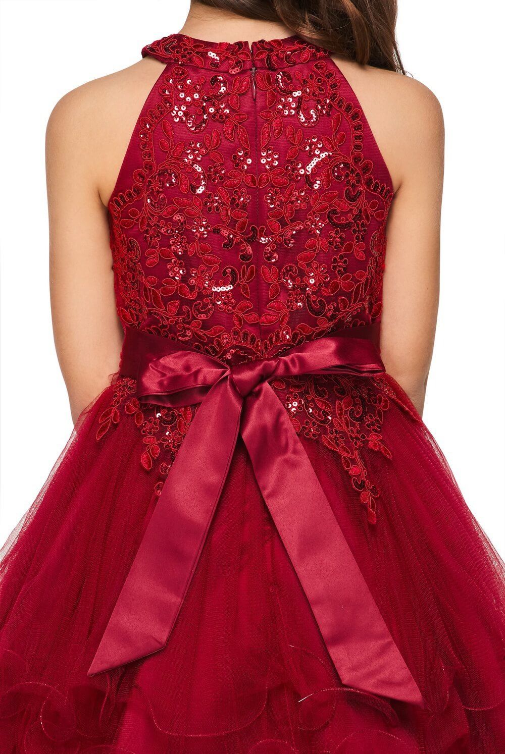 Burgundy Halter Neck Short Tulle Flower Girl Party Dress with Rhinestone Beading Cinderella Couture 5100