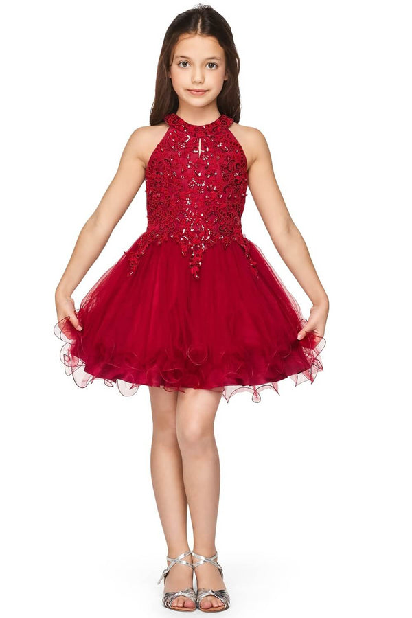 Halter Neck Short Tulle Flower Girl Party Dress with Rhinestone Beading Cinderella Couture 5100