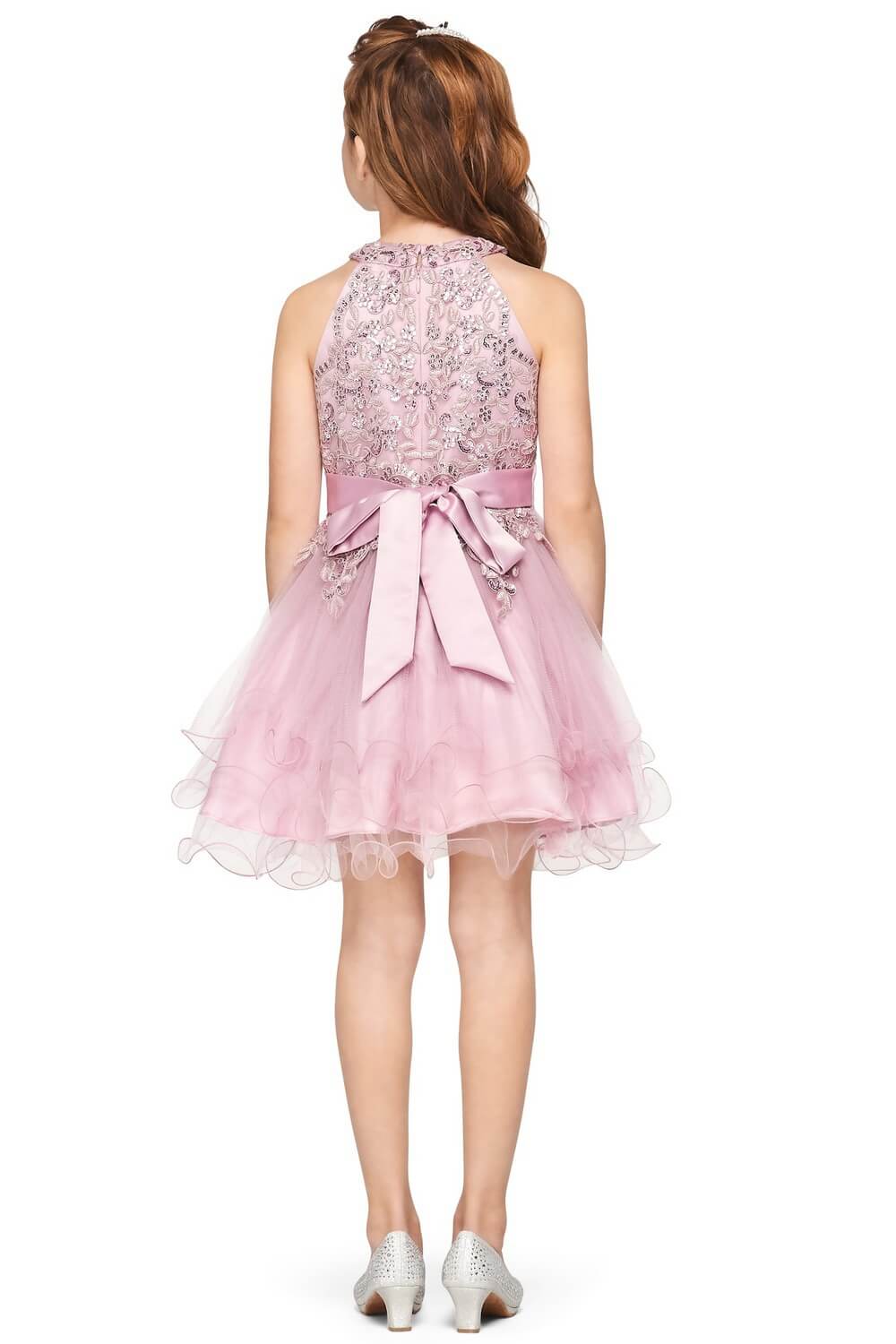 Mauve Halter Neck Short Tulle Flower Girl Party Dress with Rhinestone Beading Cinderella Couture 5100