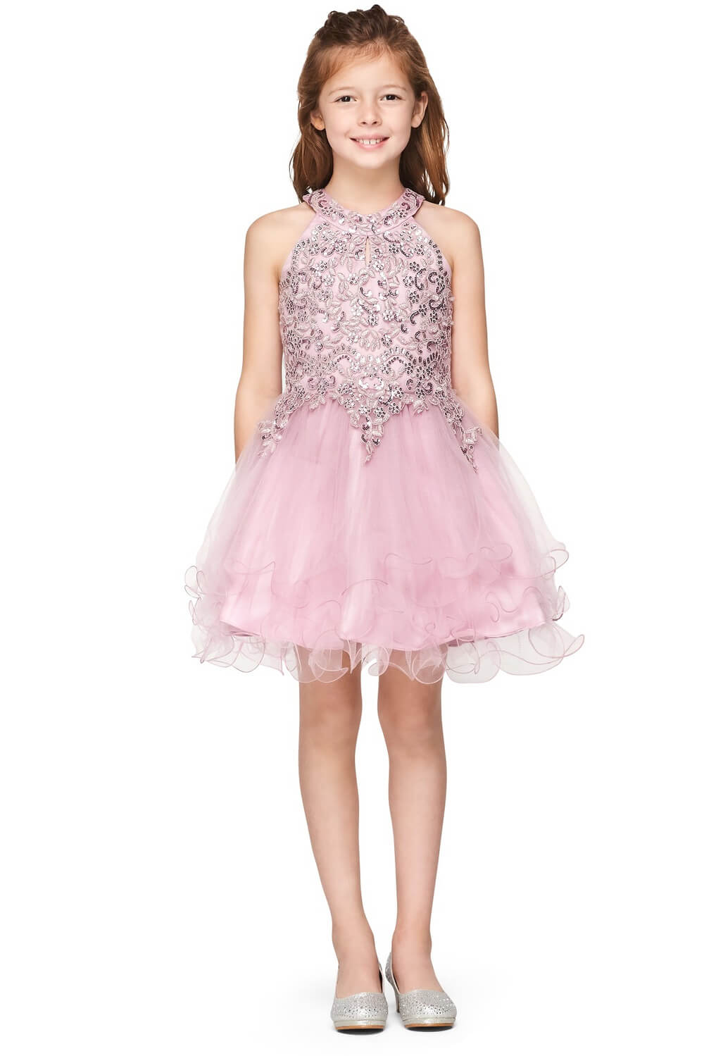 Mauve Halter Neck Short Tulle Flower Girl Party Dress with Rhinestone Beading Cinderella Couture 5100