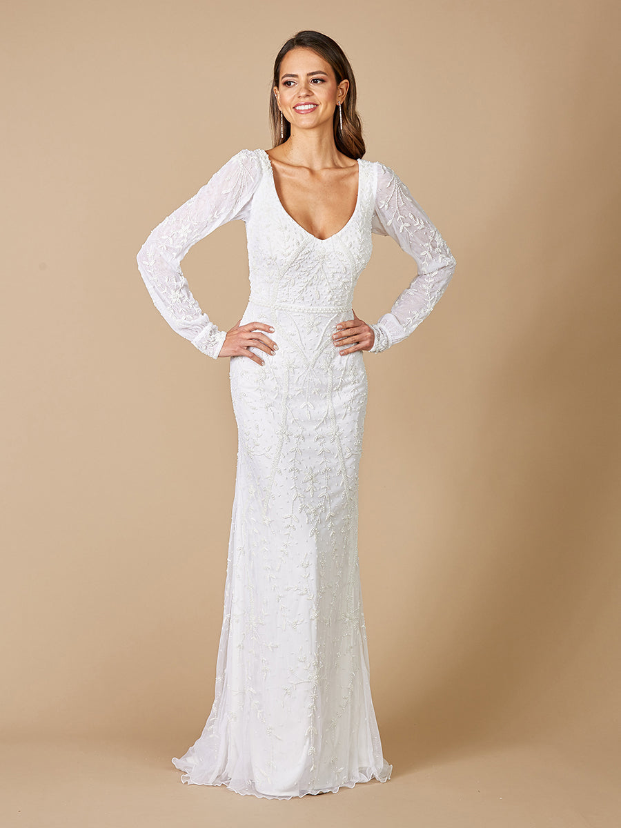 Lara Dresses 51079 Long Wedding Beaded Bridal Gown Simple Dress