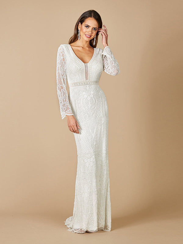 Lara Dresses 51090 Long Simple Floral Beaded Wedding Dress