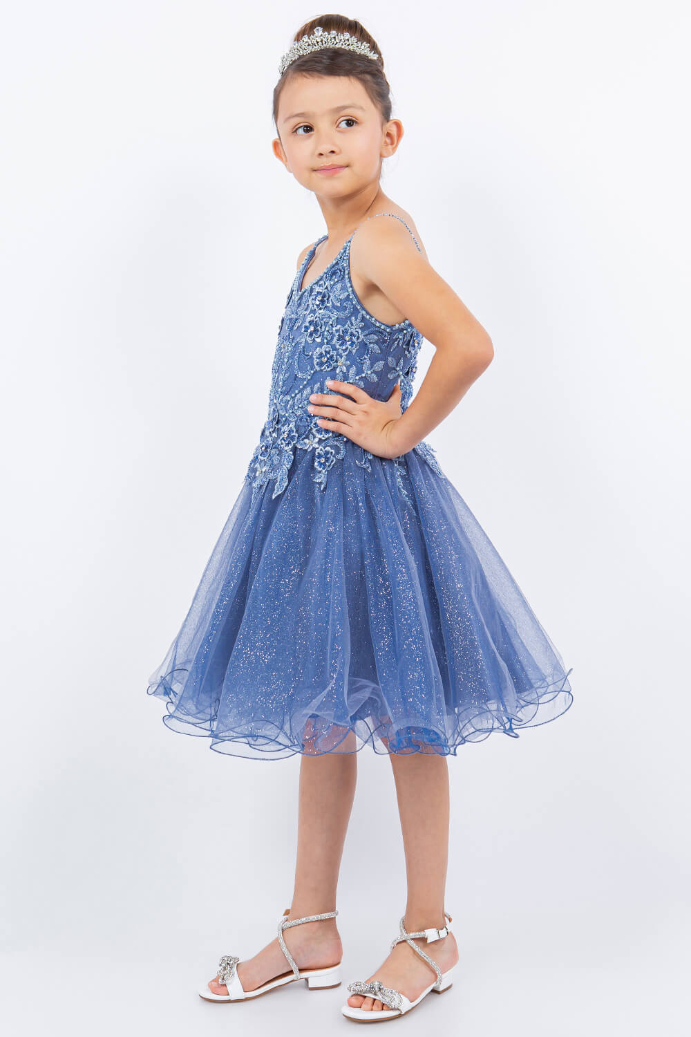 Smoky Blue Illusion Neck Short Sparkly Tulle Special Occasion Dress with Beaded Floral Bodice Cinderella Couture 5112