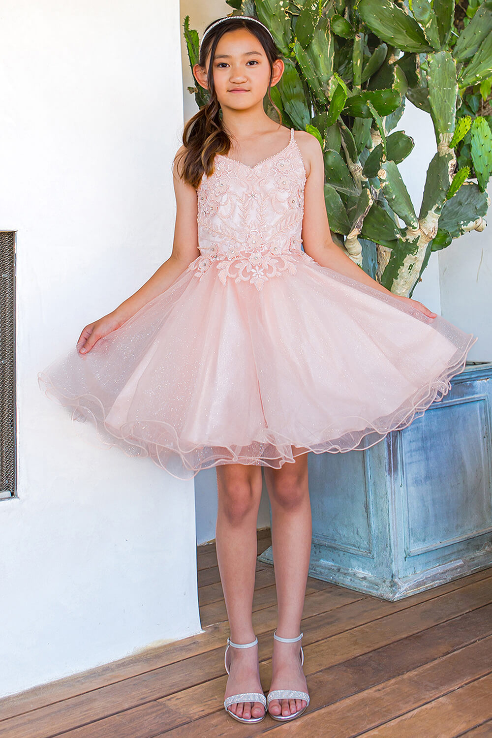 Blush Illusion Neck Short Sparkly Tulle Special Occasion Dress with Beaded Floral Bodice Cinderella Couture 5112