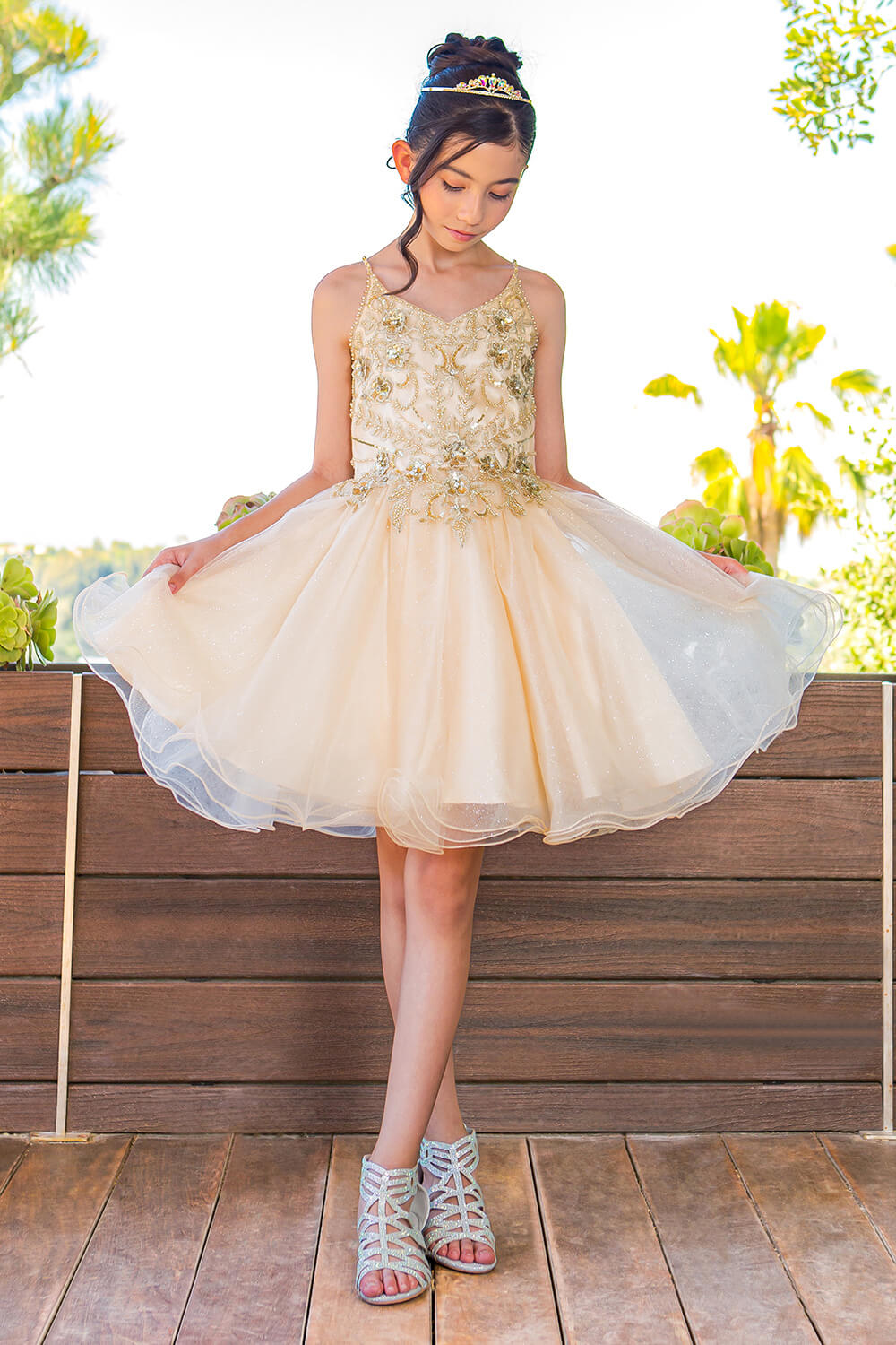 Champagne Illusion Neck Short Sparkly Tulle Special Occasion Dress with Beaded Floral Bodice Cinderella Couture 5112