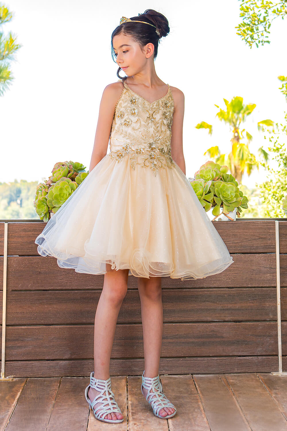 Champagne Illusion Neck Short Sparkly Tulle Special Occasion Dress with Beaded Floral Bodice Cinderella Couture 5112