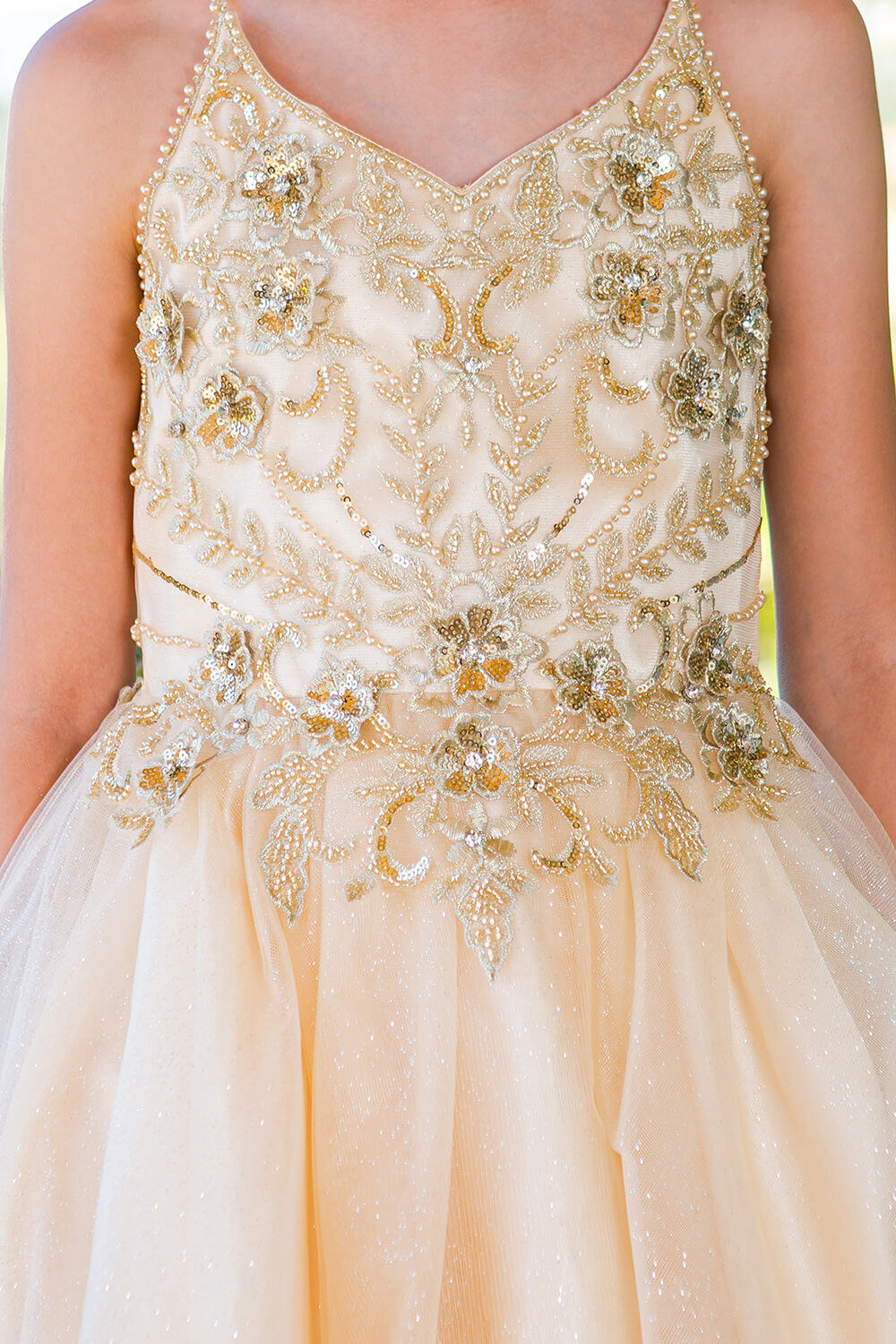 Champagne Illusion Neck Short Sparkly Tulle Special Occasion Dress with Beaded Floral Bodice Cinderella Couture 5112