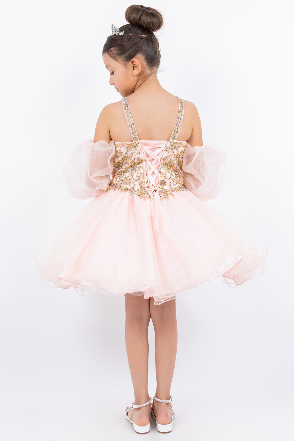Blush Square Neck Mini Glitter Tulle Flower Girl Party Dress with Detachable Puff Sleeves Cinderella Couture 5113