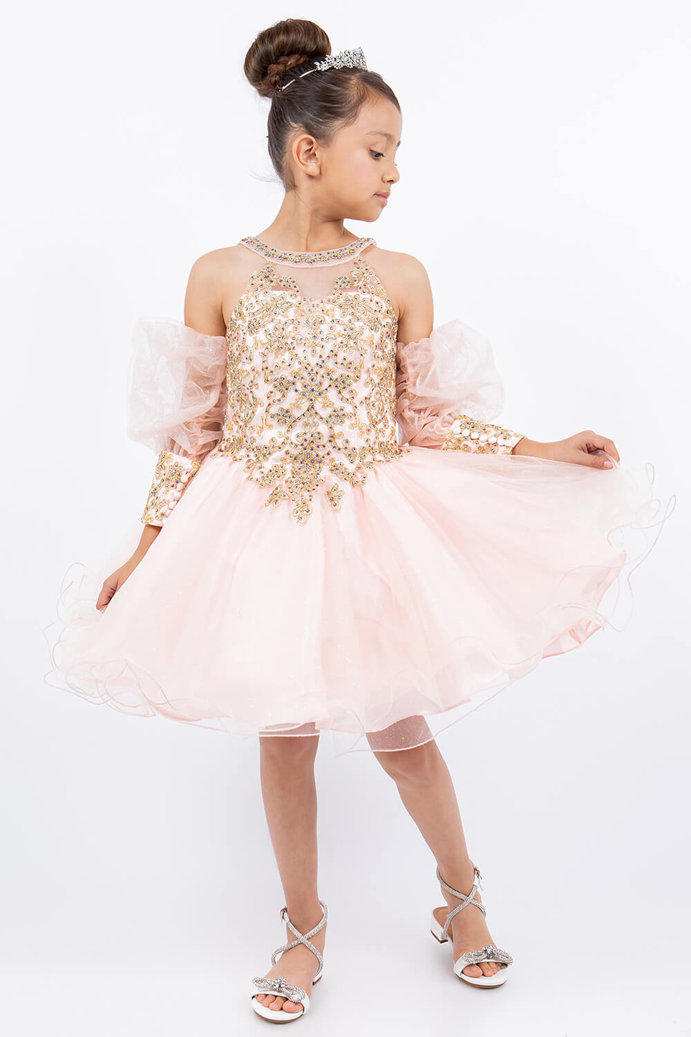 Blush Square Neck Mini Glitter Tulle Flower Girl Party Dress with Detachable Puff Sleeves Cinderella Couture 5113
