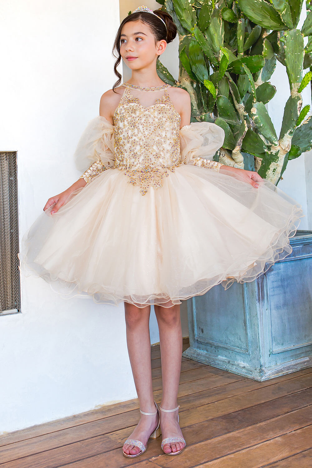 Champagne Square Neck Mini Glitter Tulle Flower Girl Party Dress with Detachable Puff Sleeves Cinderella Couture 5113