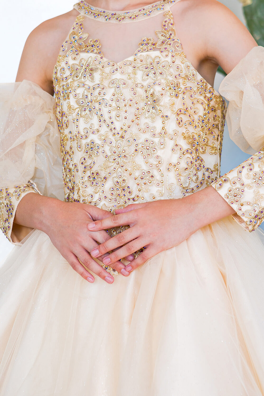 Champagne Square Neck Mini Glitter Tulle Flower Girl Party Dress with Detachable Puff Sleeves Cinderella Couture 5113