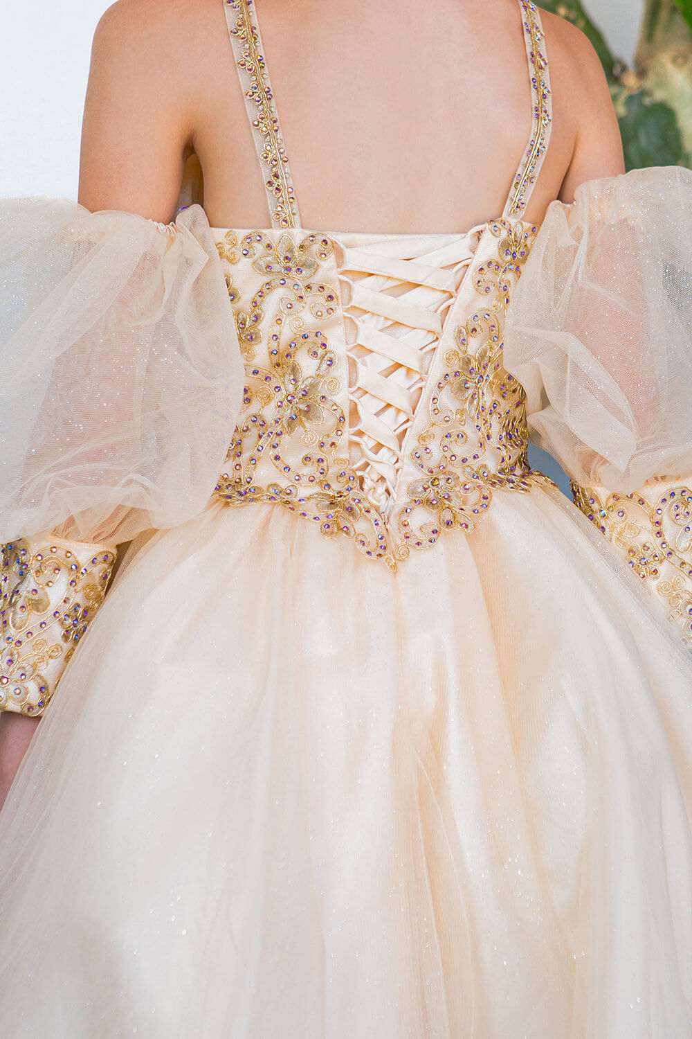 Champagne Square Neck Mini Glitter Tulle Flower Girl Party Dress with Detachable Puff Sleeves Cinderella Couture 5113