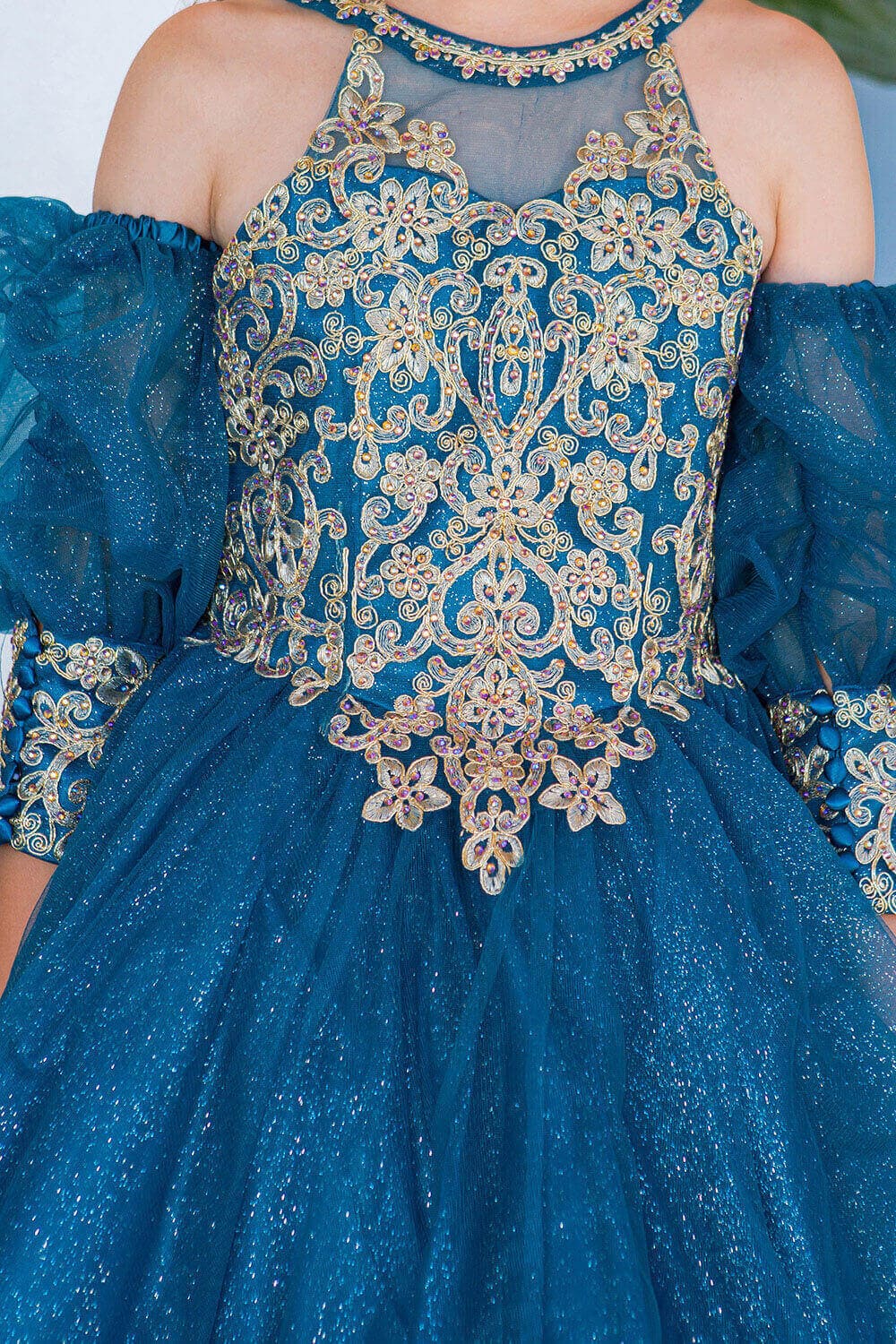 Peacock Square Neck Mini Glitter Tulle Flower Girl Party Dress with Detachable Puff Sleeves Cinderella Couture 5113