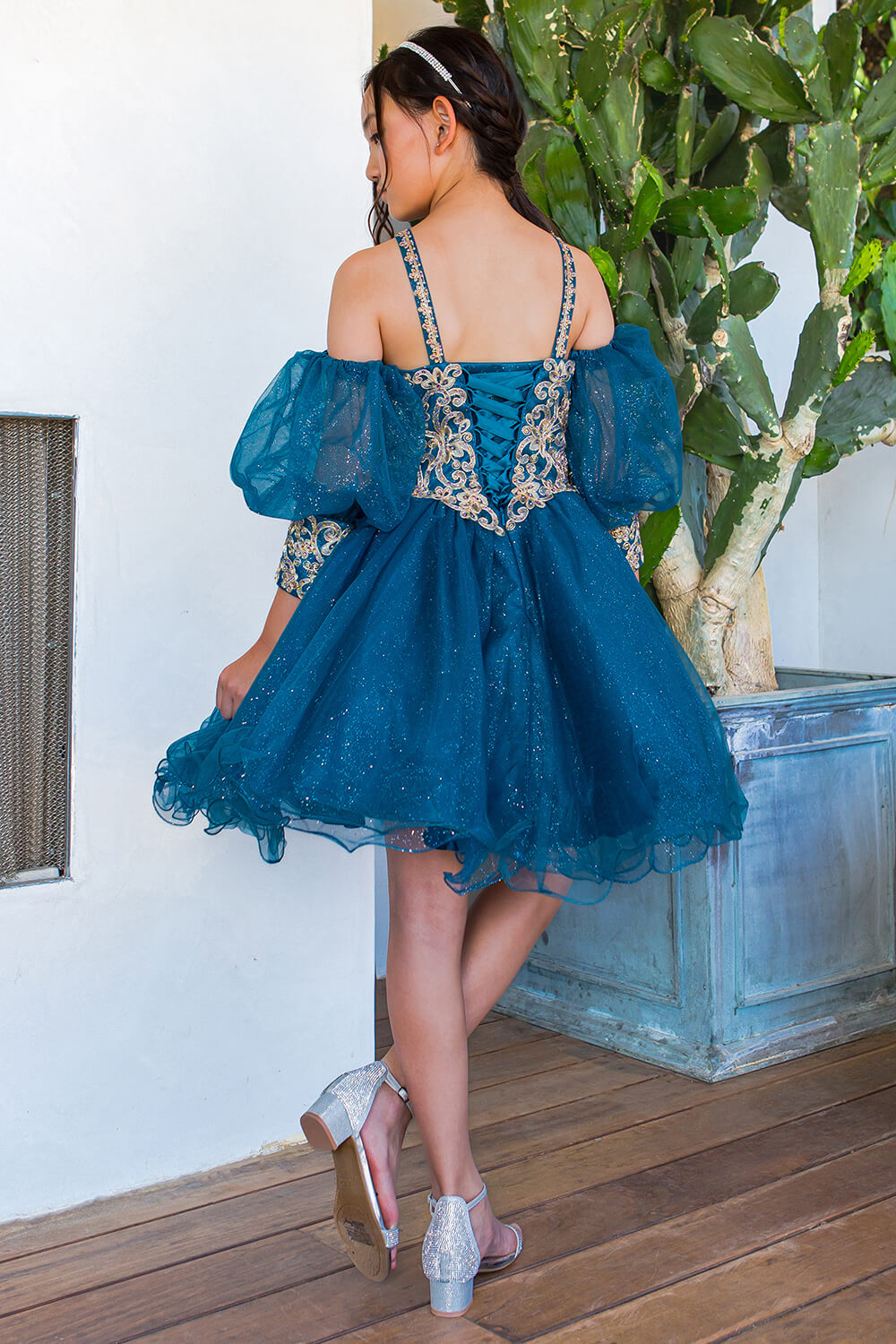Peacock Square Neck Mini Glitter Tulle Flower Girl Party Dress with Detachable Puff Sleeves Cinderella Couture 5113
