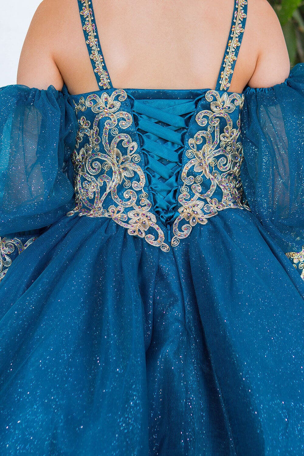 Peacock Square Neck Mini Glitter Tulle Flower Girl Party Dress with Detachable Puff Sleeves Cinderella Couture 5113