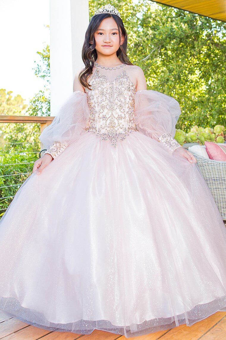 Blush Halter Neck Floor Length Glitter Tulle Quinceanera Ball Gown with Detachable Puff Sleeves Cinderella Couture 5114 Cinderella Couture 5114