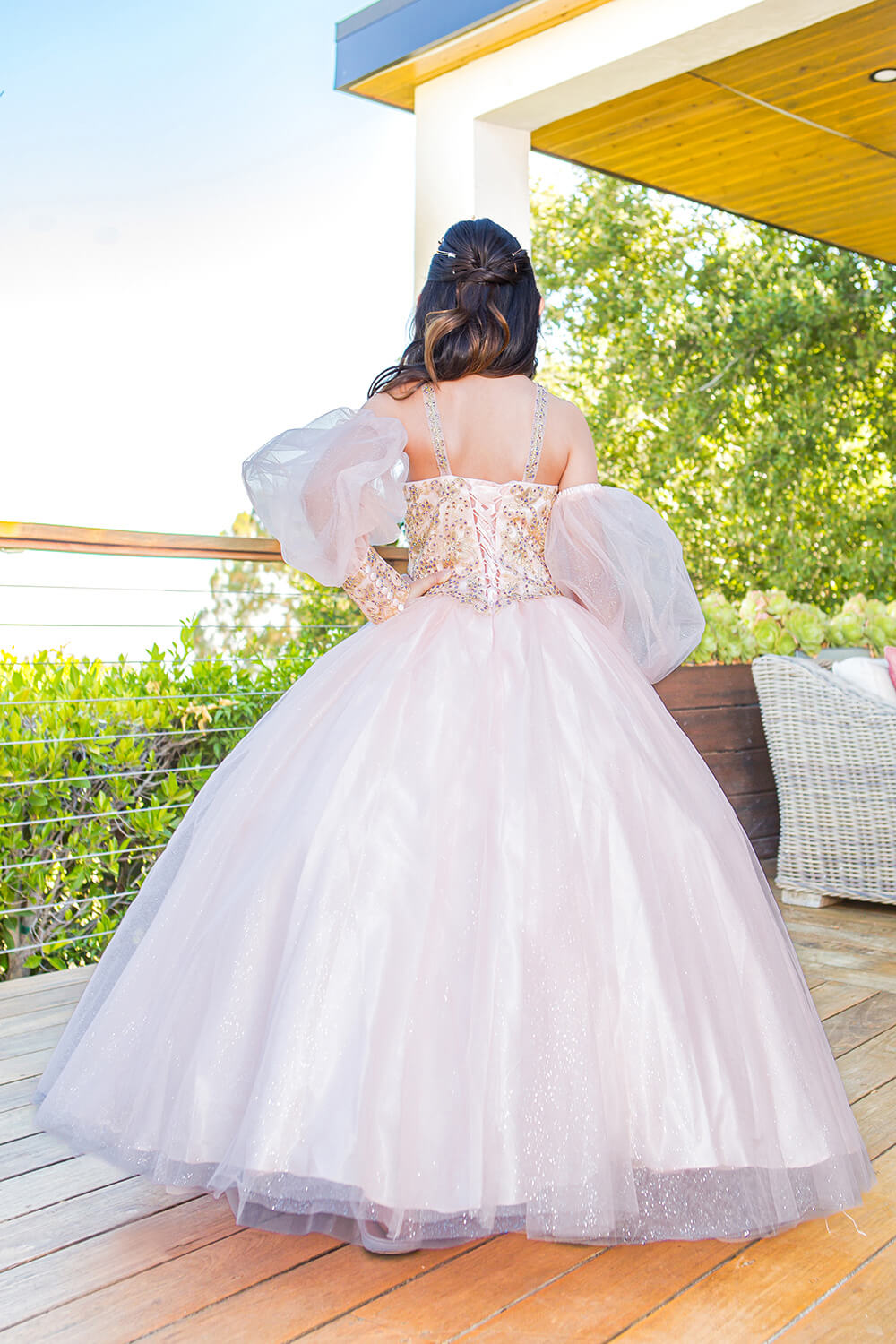 Blush Halter Neck Floor Length Glitter Tulle Quinceanera Ball Gown with Detachable Puff Sleeves Cinderella Couture 5114 Cinderella Couture 5114