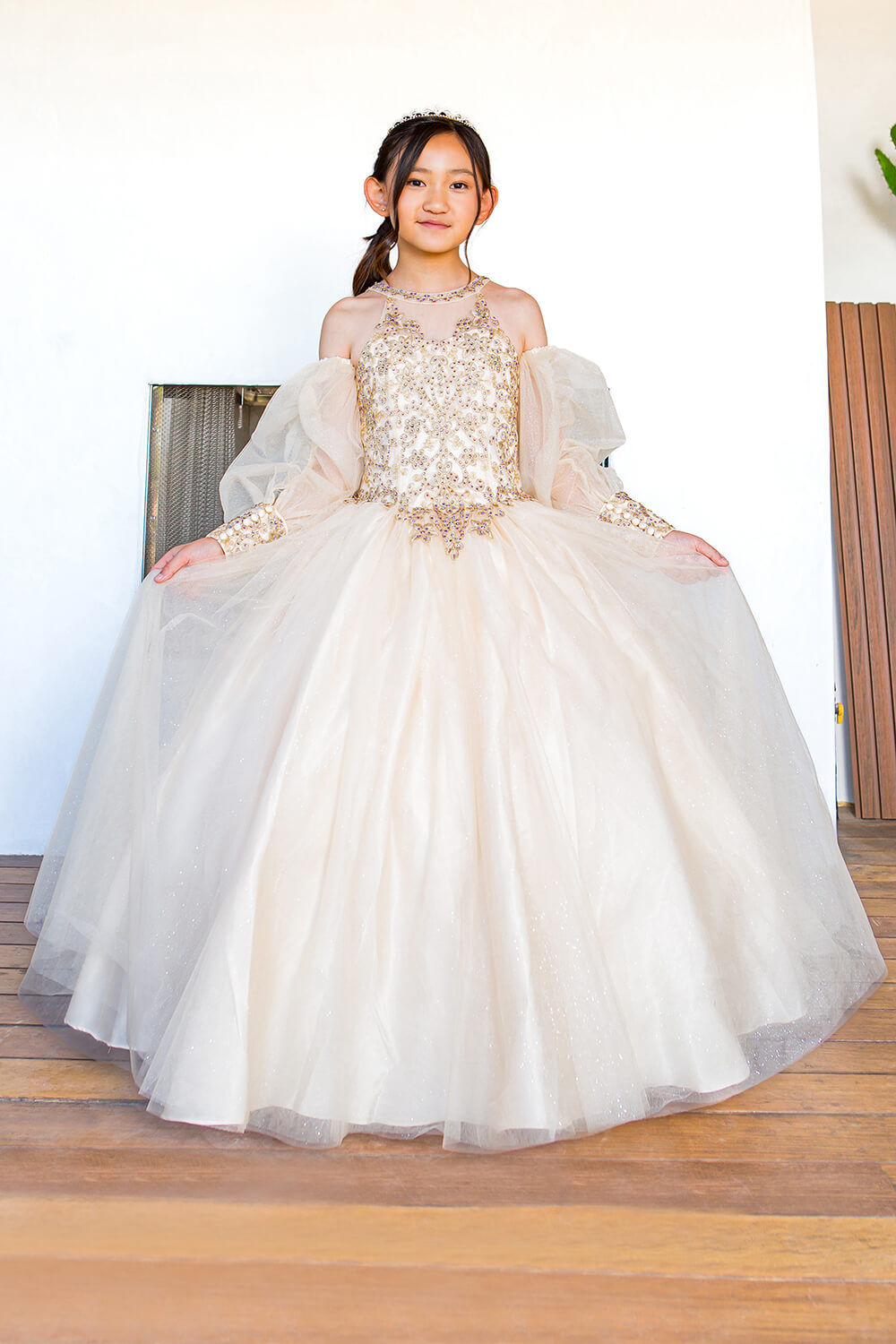 Champagne Halter Neck Floor Length Glitter Tulle Quinceanera Ball Gown with Detachable Puff Sleeves Cinderella Couture 5114