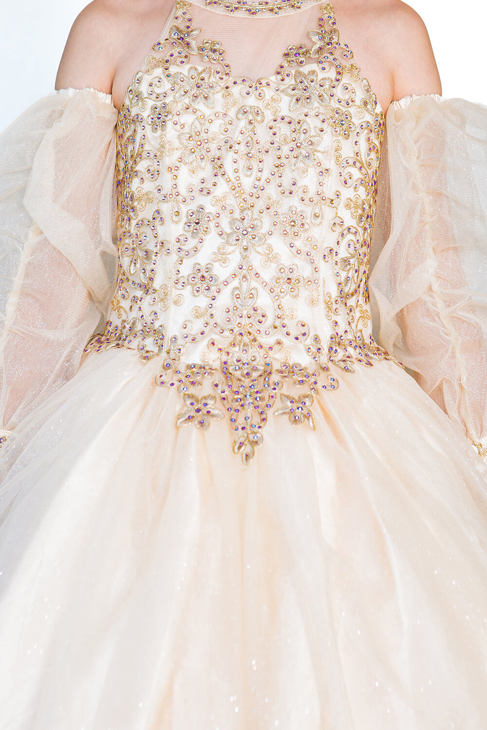 Champagne Halter Neck Floor Length Glitter Tulle Quinceanera Ball Gown with Detachable Puff Sleeves Cinderella Couture 5114