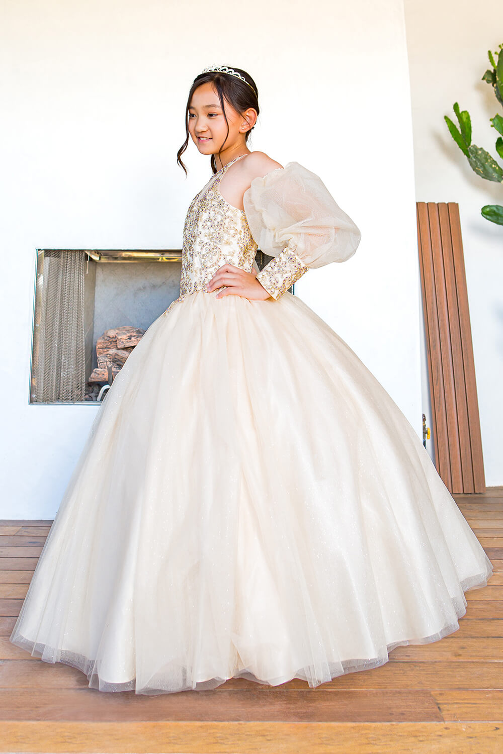 Champagne Halter Neck Floor Length Glitter Tulle Quinceanera Ball Gown with Detachable Puff Sleeves Cinderella Couture 5114
