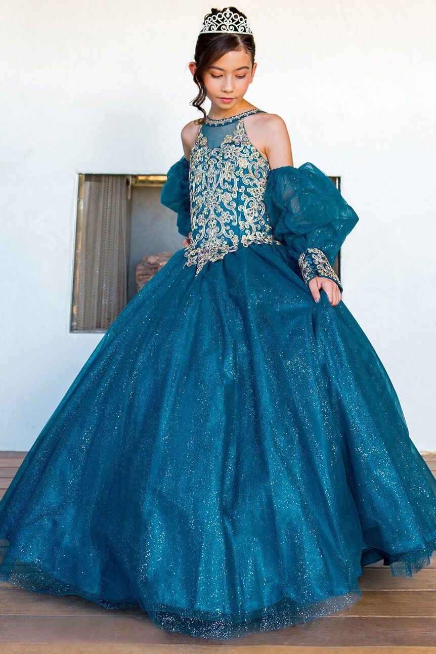 Peacock Halter Neck Floor Length Glitter Tulle Quinceanera Ball Gown with Detachable Puff Sleeves Cinderella Couture 5114