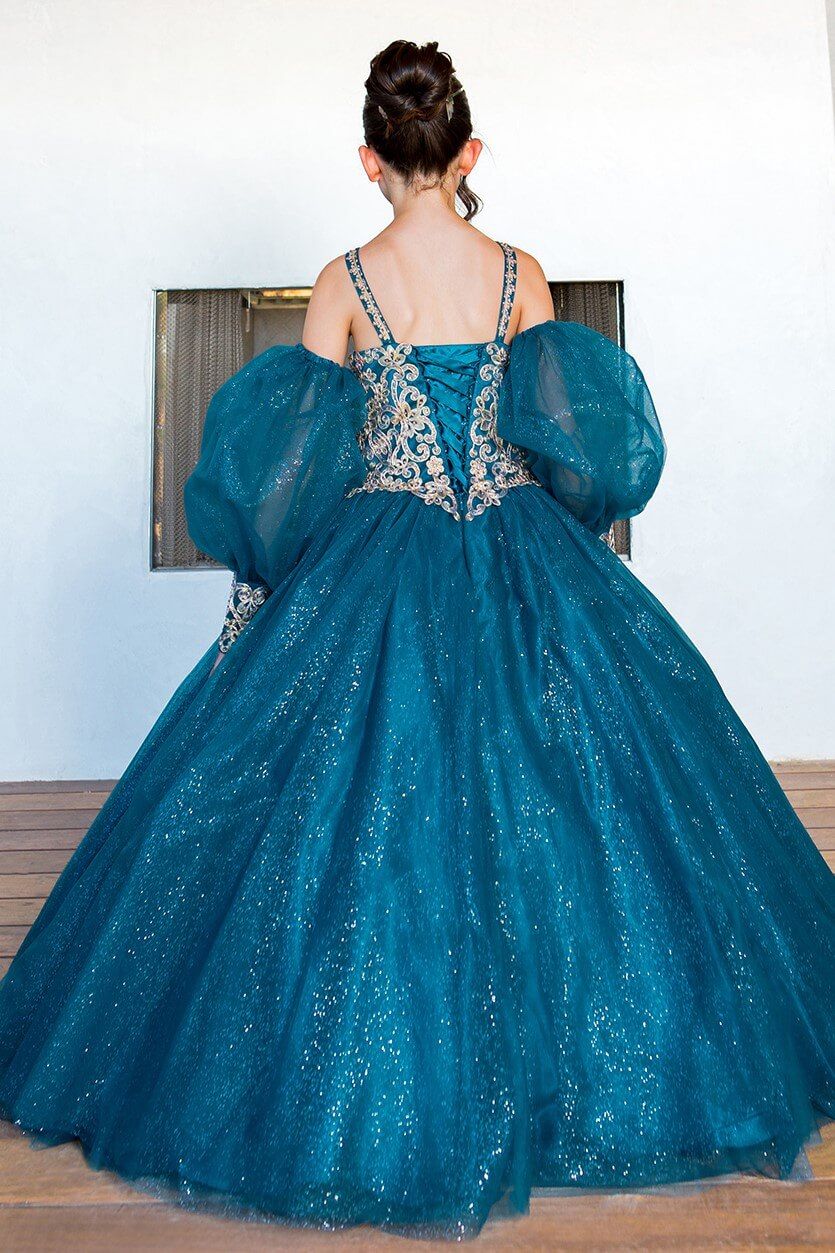 Peacock Halter Neck Floor Length Glitter Tulle Quinceanera Ball Gown with Detachable Puff Sleeves Cinderella Couture 5114