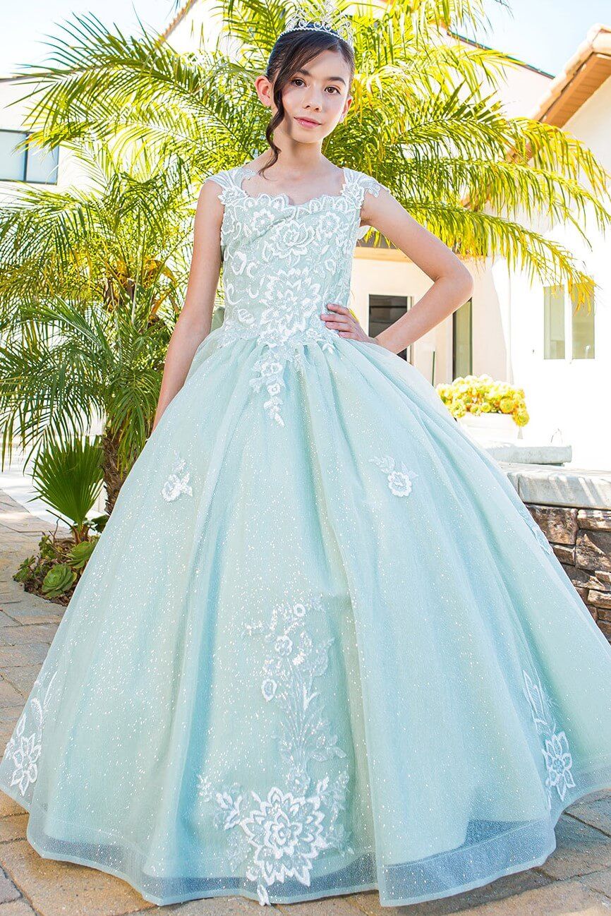 Sage Scoop Neck Floor Length Glitter Tulle Flower Girl Ball Gown with 3D Flower Print and Detachable Bow Cinderella Couture 5116