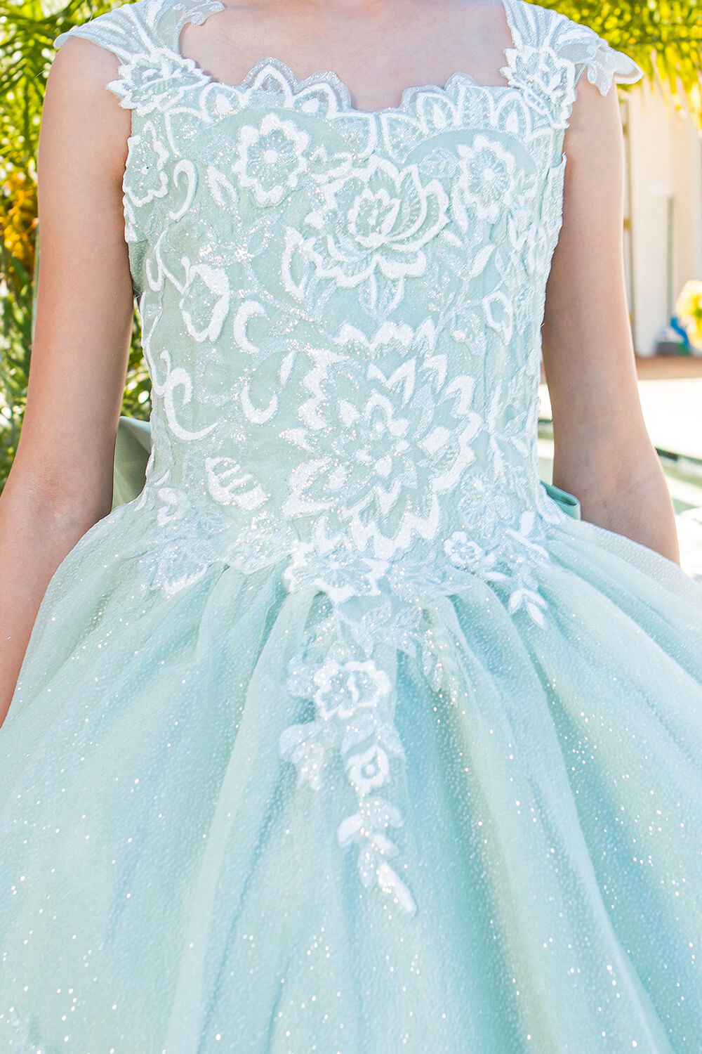 Sage Scoop Neck Floor Length Glitter Tulle Flower Girl Ball Gown with 3D Flower Print and Detachable Bow Cinderella Couture 5116