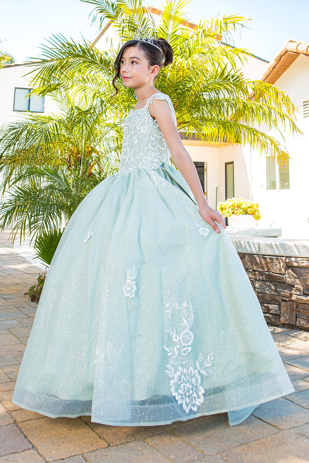 Sage Scoop Neck Floor Length Glitter Tulle Flower Girl Ball Gown with 3D Flower Print and Detachable Bow Cinderella Couture 5116