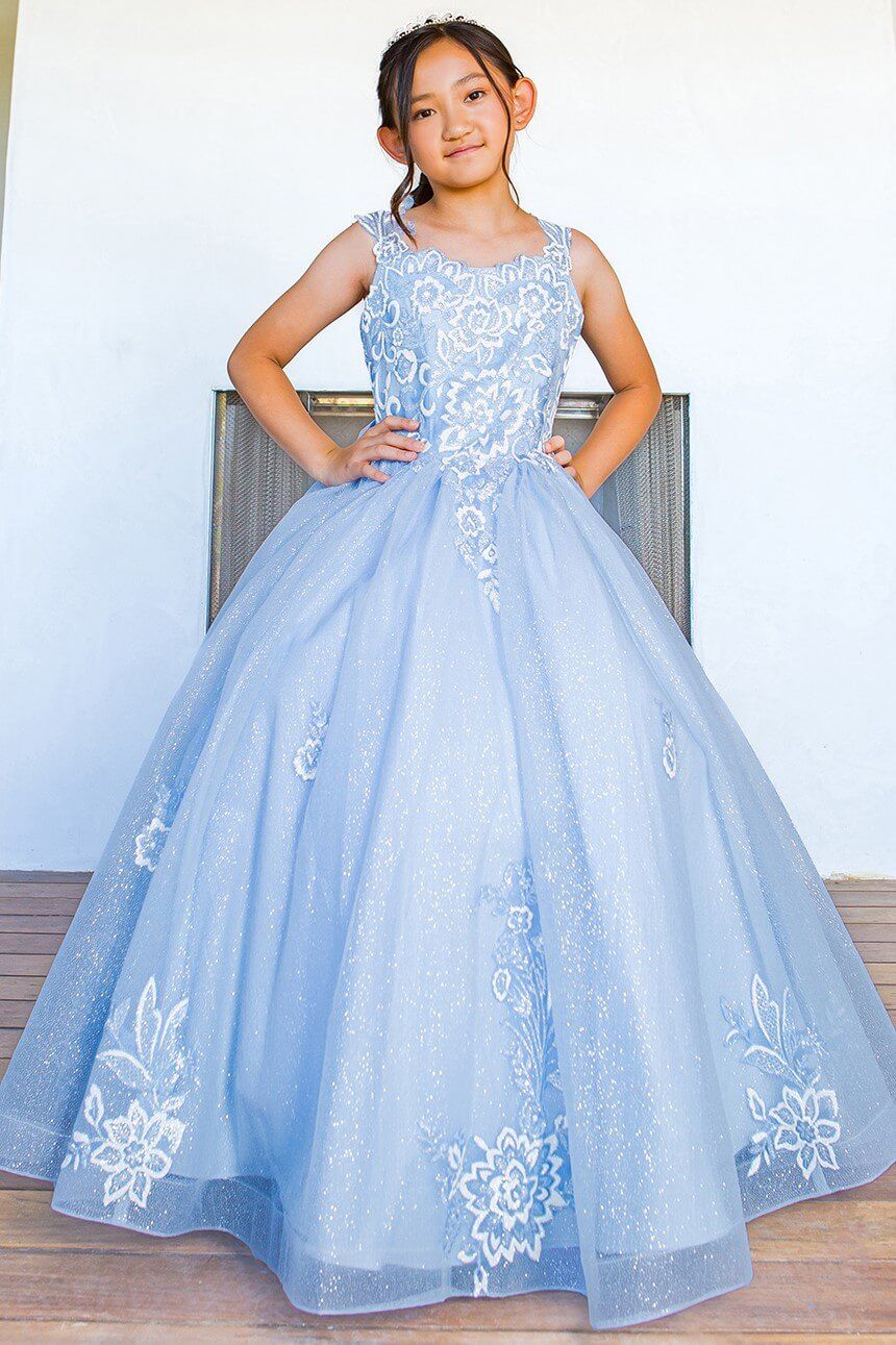 Blue Scoop Neck Floor Length Glitter Tulle Flower Girl Ball Gown with 3D Flower Print and Detachable Bow Cinderella Couture 5116