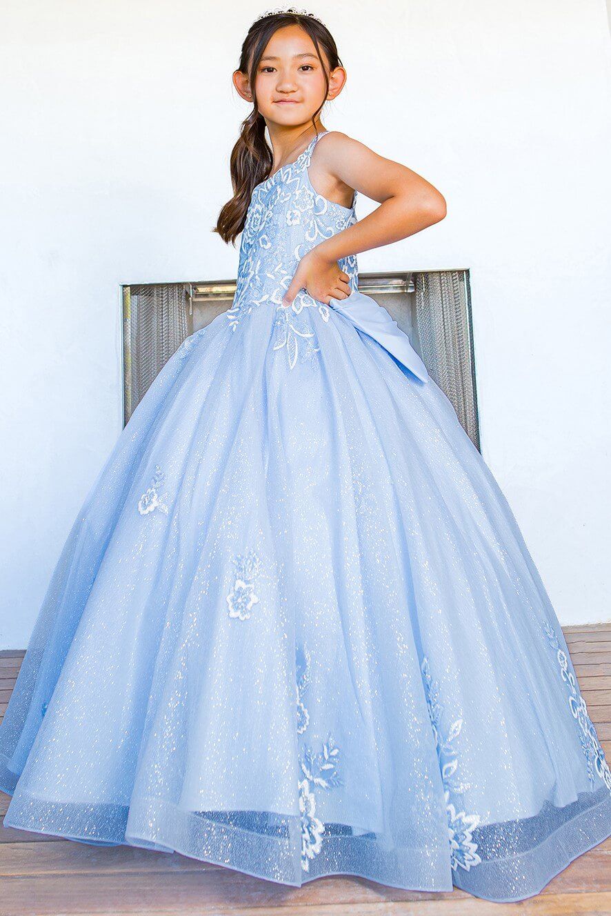 Blue Scoop Neck Floor Length Glitter Tulle Flower Girl Ball Gown with 3D Flower Print and Detachable Bow Cinderella Couture 5116