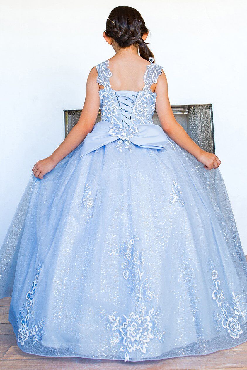 Blue Scoop Neck Floor Length Glitter Tulle Flower Girl Ball Gown with 3D Flower Print and Detachable Bow Cinderella Couture 5116