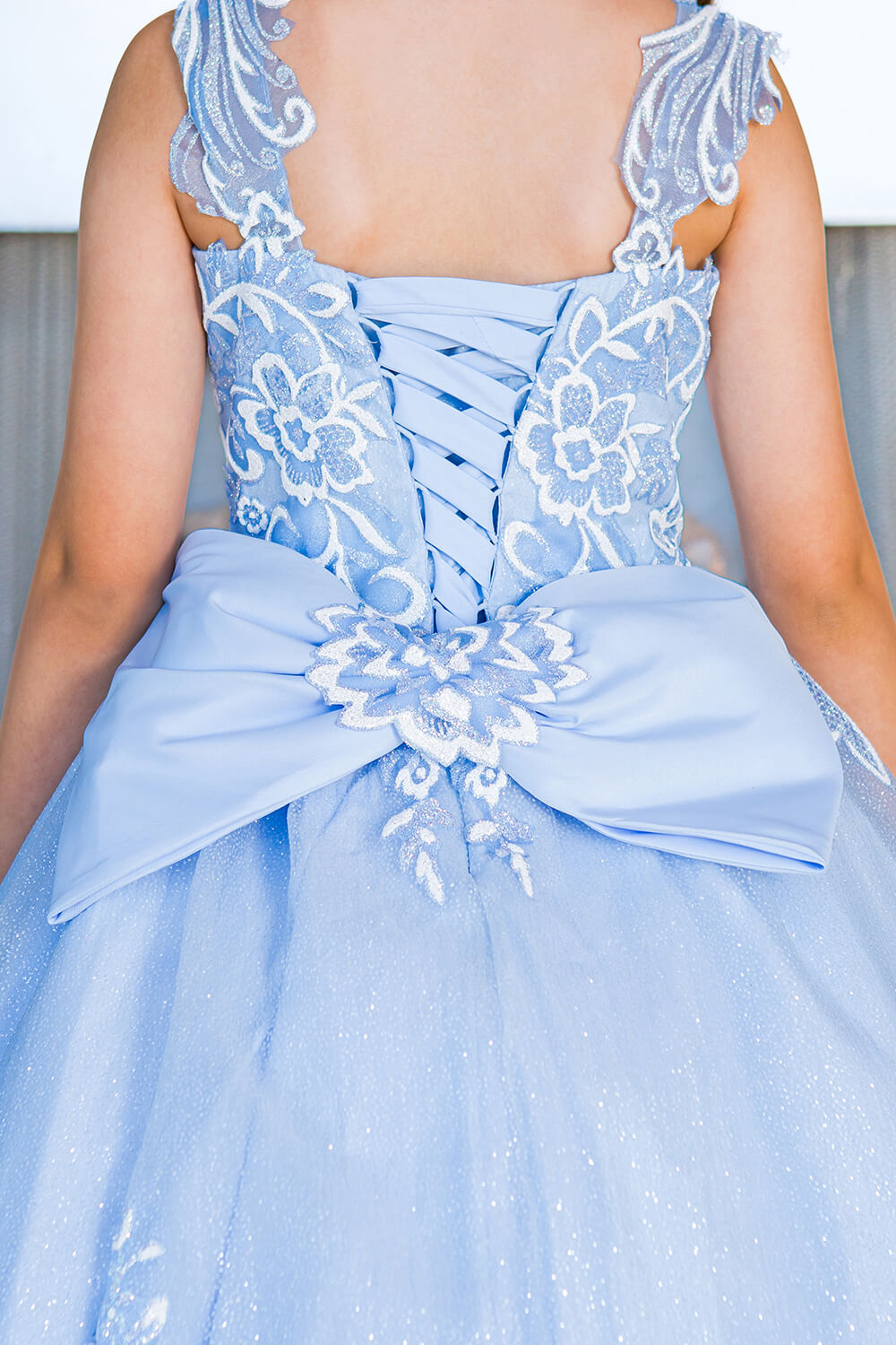 Blue Scoop Neck Floor Length Glitter Tulle Flower Girl Ball Gown with 3D Flower Print and Detachable Bow Cinderella Couture 5116