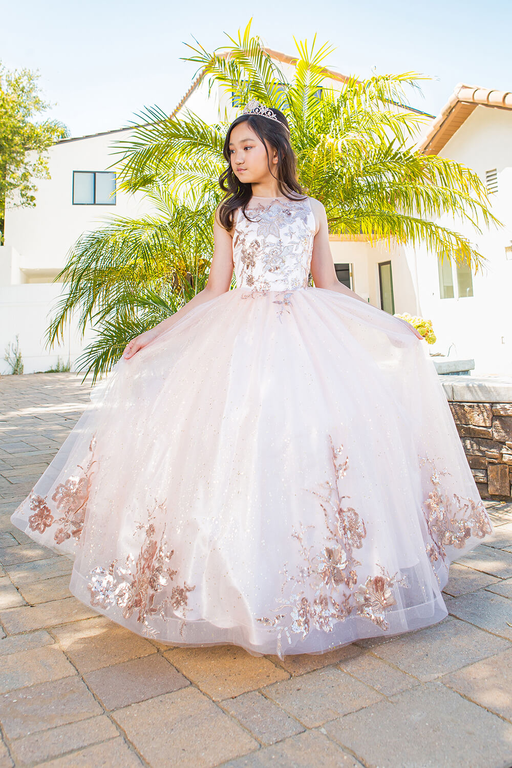 Blush Scoop Neck Floor Length Satin Flower Girl Dress with Pearl Beaded Waist Cinderella Couture 5118