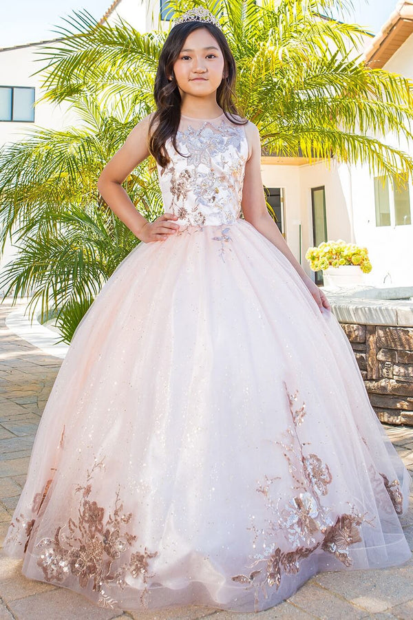 Scoop Neck Floor Length Satin Flower Girl Dress with Pearl Beaded Waist Cinderella Couture 5118