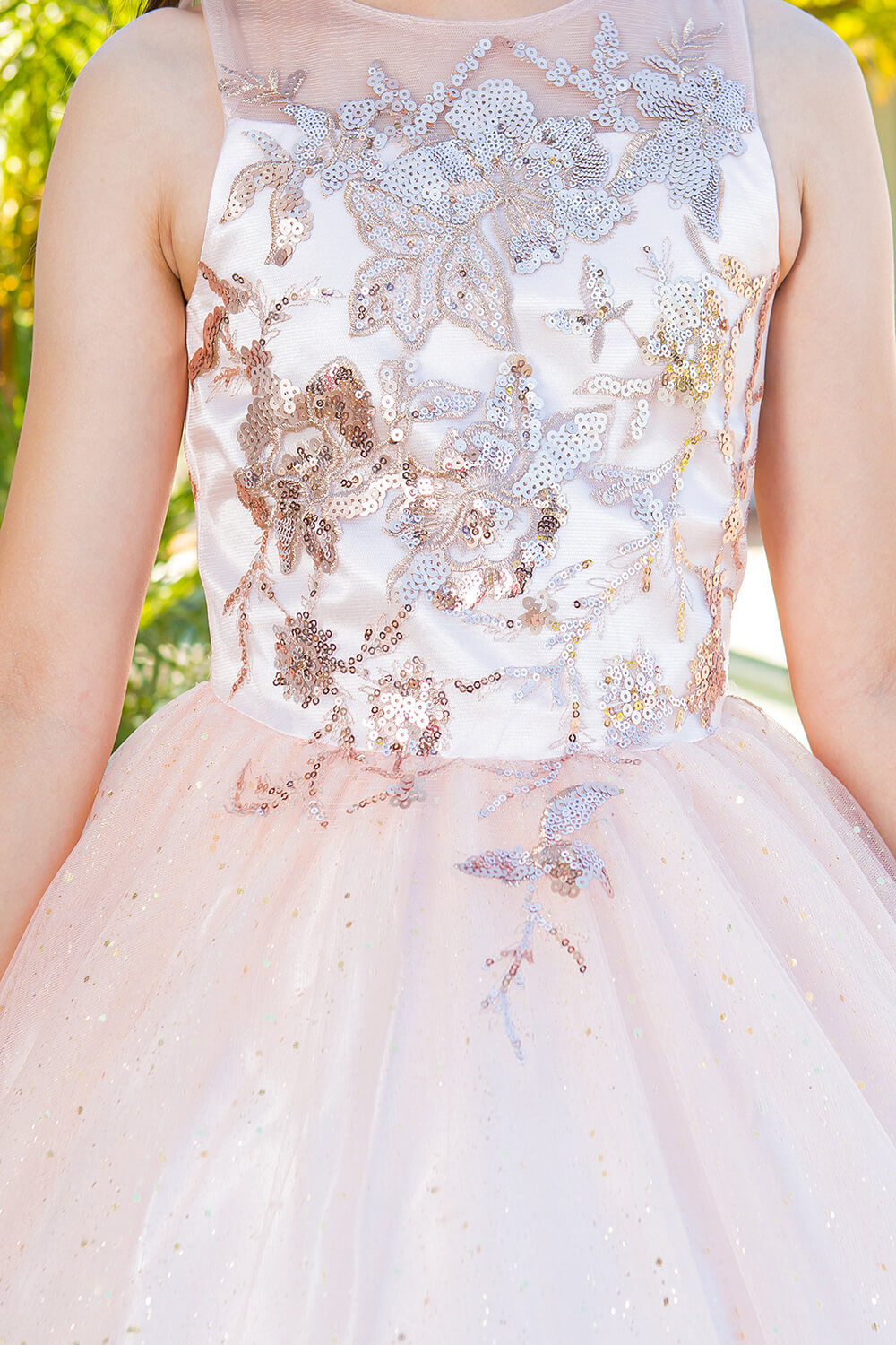 Blush Scoop Neck Floor Length Satin Flower Girl Dress with Pearl Beaded Waist Cinderella Couture 5118
