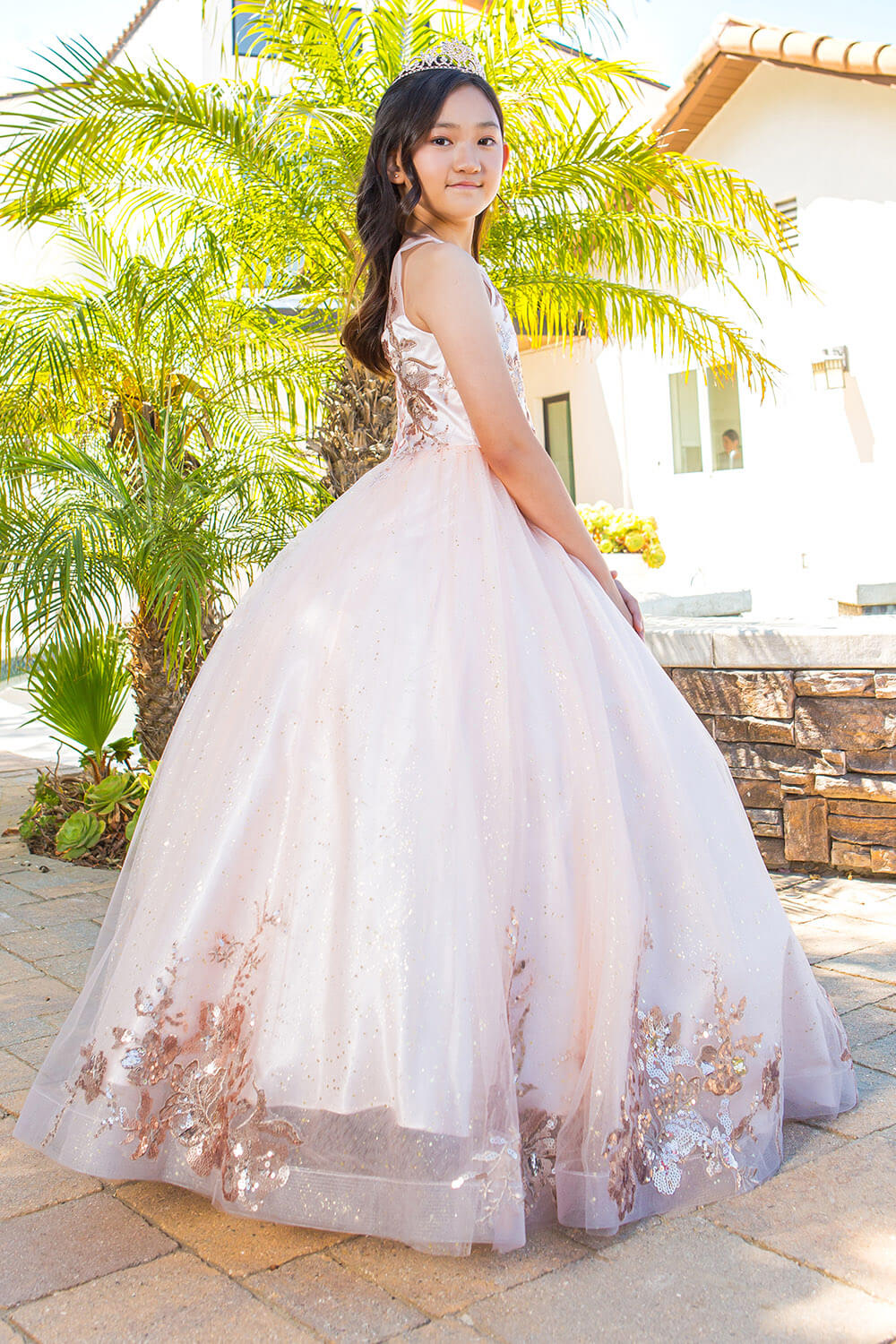 Blush Scoop Neck Floor Length Satin Flower Girl Dress with Pearl Beaded Waist Cinderella Couture 5118