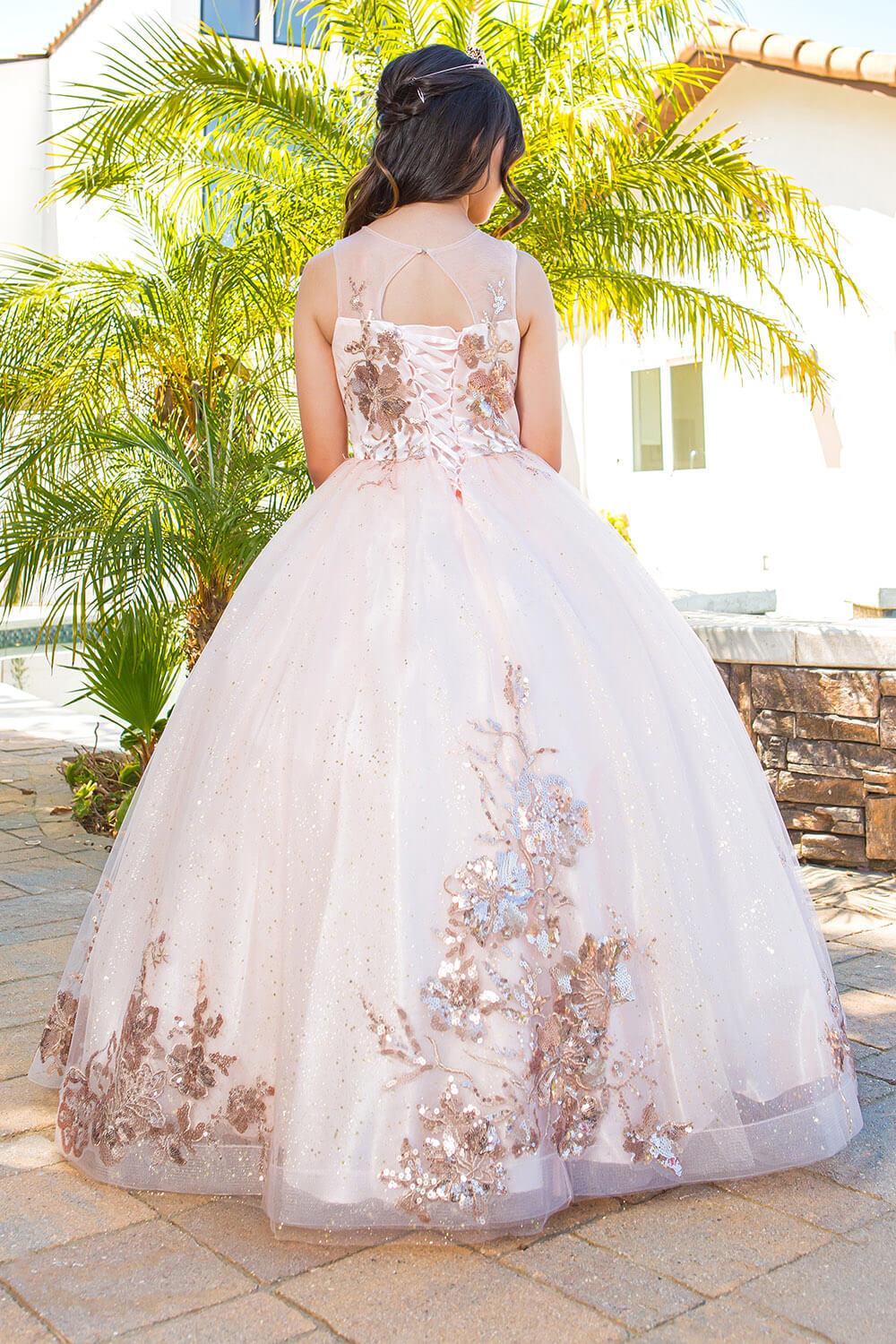 Blush Scoop Neck Floor Length Satin Flower Girl Dress with Pearl Beaded Waist Cinderella Couture 5118
