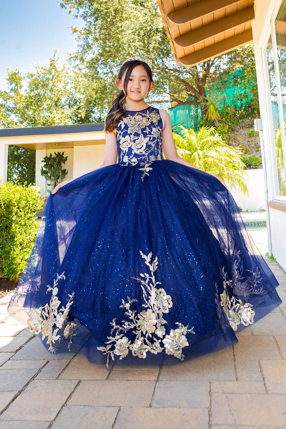 Navy Scoop Neck Floor Length Satin Flower Girl Dress with Pearl Beaded Waist Cinderella Couture 5118