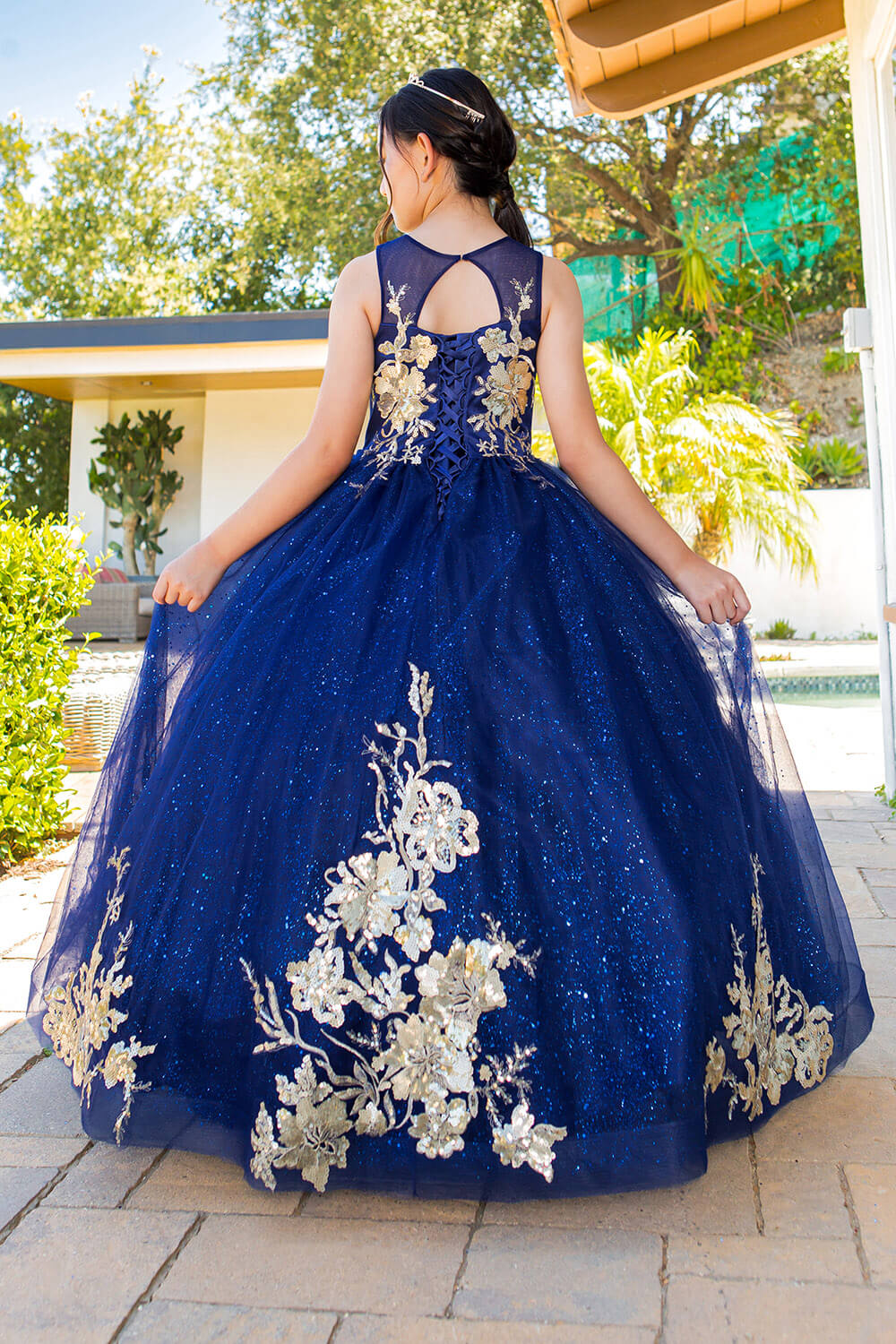 Navy Scoop Neck Floor Length Satin Flower Girl Dress with Pearl Beaded Waist Cinderella Couture 5118