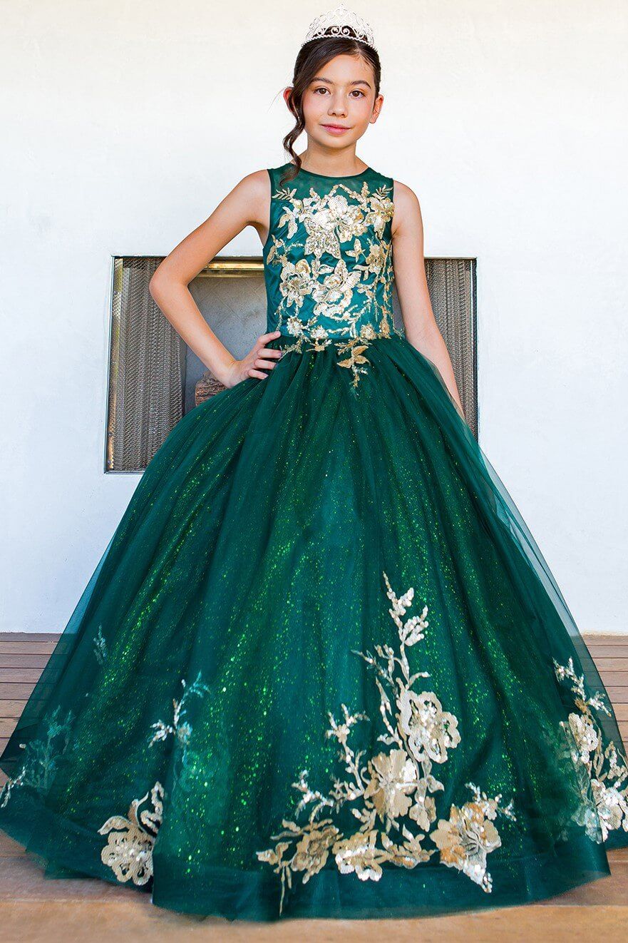 Hunter Green Scoop Neck Floor Length Satin Flower Girl Dress with Pearl Beaded Waist Cinderella Couture 5118