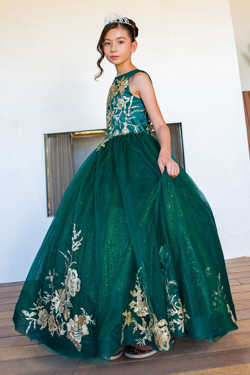 Hunter Green Scoop Neck Floor Length Satin Flower Girl Dress with Pearl Beaded Waist Cinderella Couture 5118