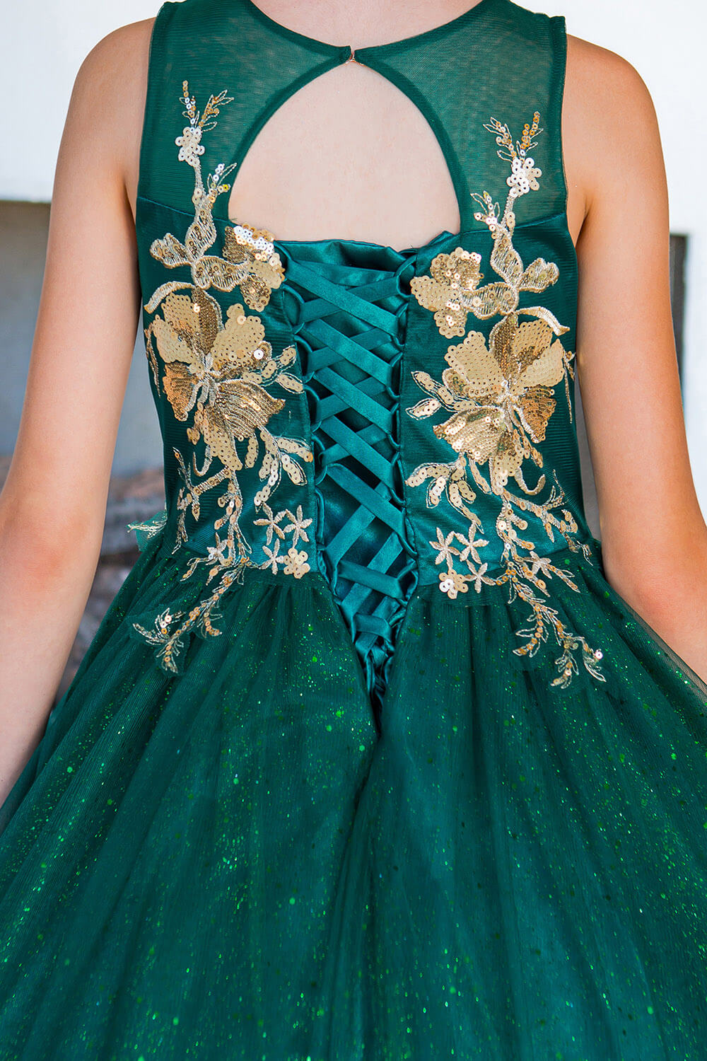 Hunter Green Scoop Neck Floor Length Satin Flower Girl Dress with Pearl Beaded Waist Cinderella Couture 5118