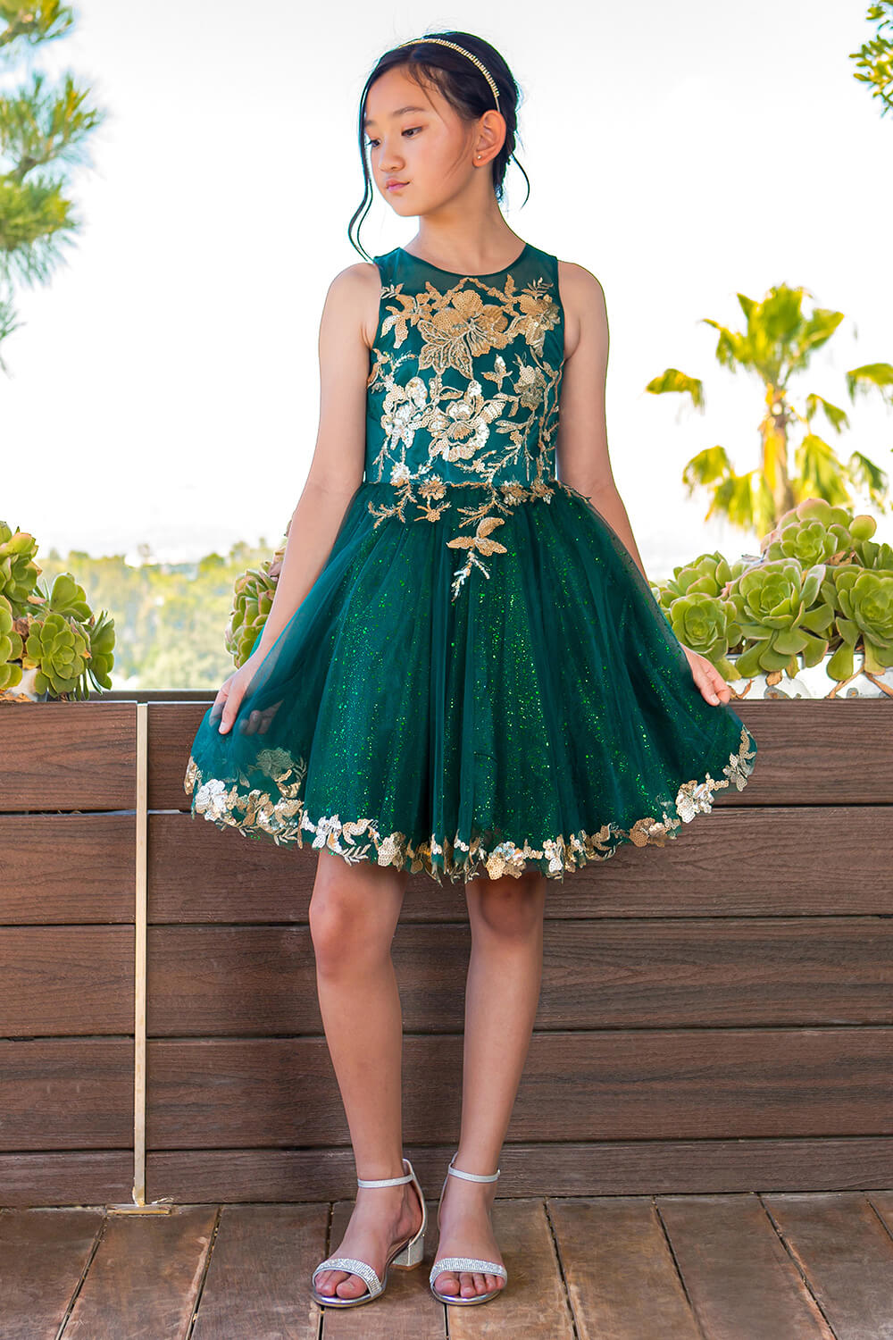 Hunter Green High Neck Knee Length Glitter Tulle Party Dress with Floral Embroidery Cinderella Couture 5121