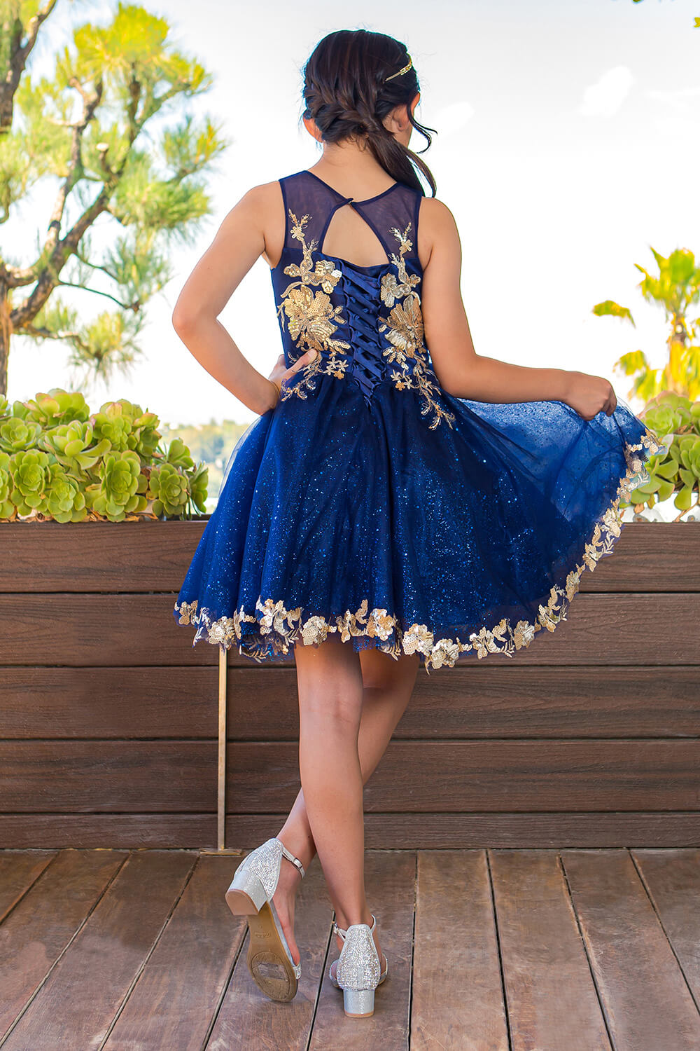 Navy High Neck Knee Length Glitter Tulle Party Dress with Floral Embroidery Cinderella Couture 5121